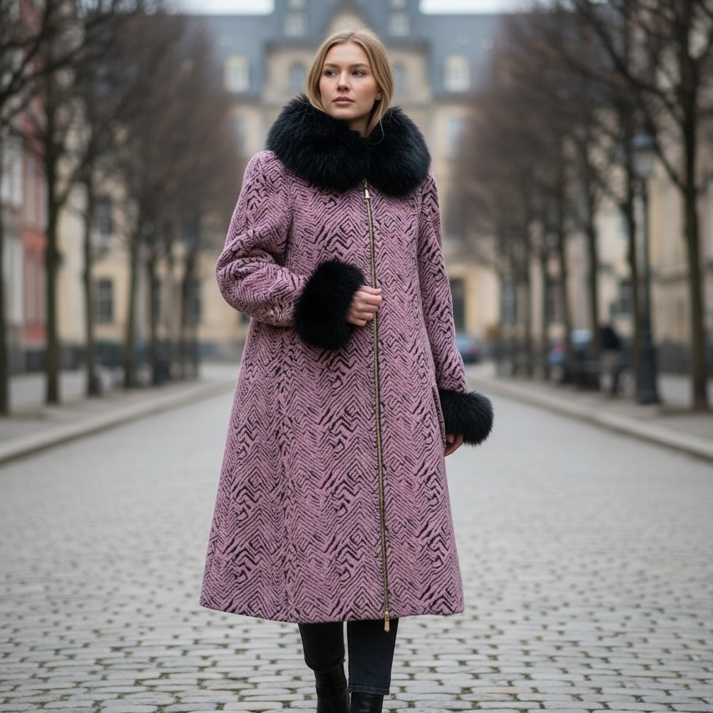 D'Modeo designer pink black zig zag fox fur and wool‎ blend coat 2